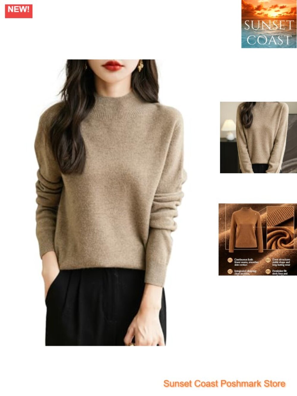 100% Merino Wool Seamless Mock Neck Long Sleeve Knit Pullover Sweater